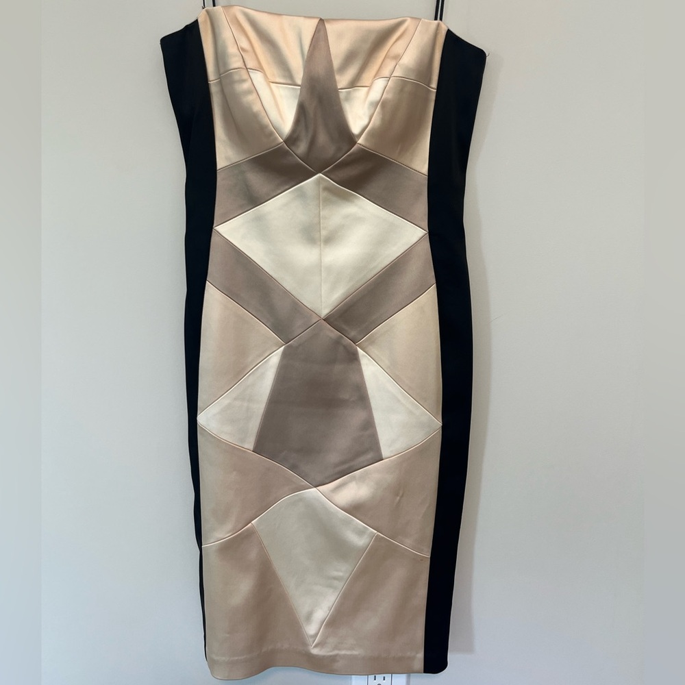 Jax Strapless Geometric Color Block Cocktail Dress in Cream and Black